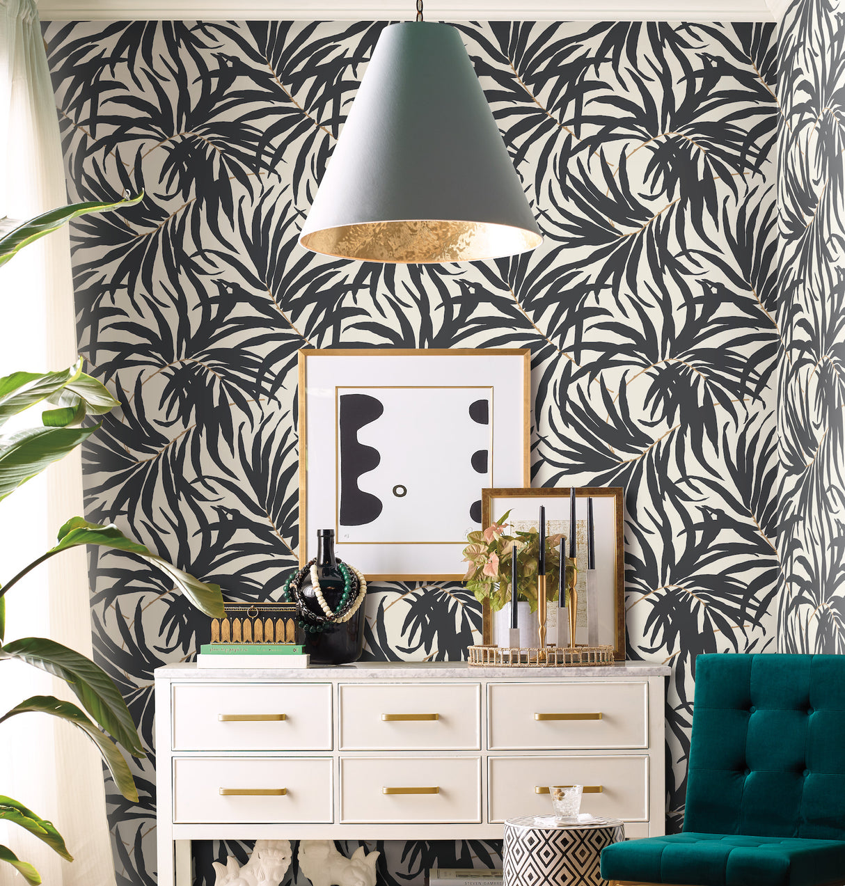 York AT7056 Bali Leaves Off White & Dark Grey Wallpaper