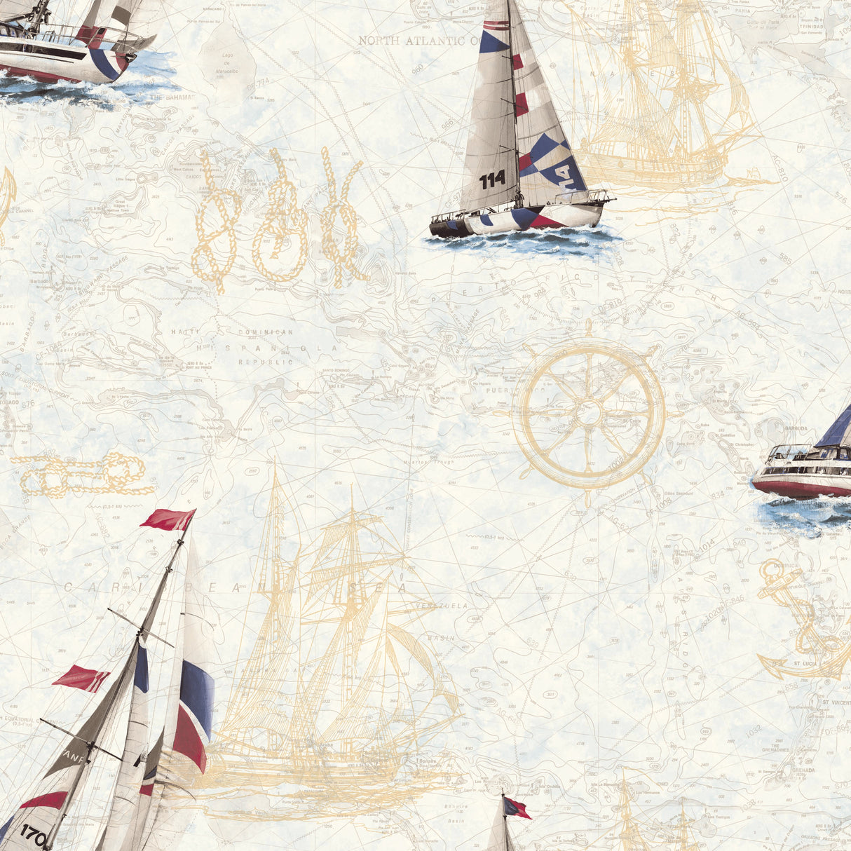 Chesapeake BBC47501 Water'S Edge Blue Aquatic Map Knots Wallpaper Wallpaper
