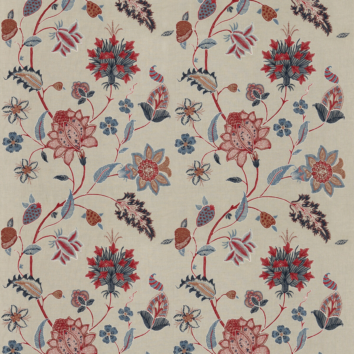 G P & J BAKER BF10784.1.0 BAKER'S INDIENNE EMBROIDERY INDIGO/RED Fabric - Eade's Wallpaper