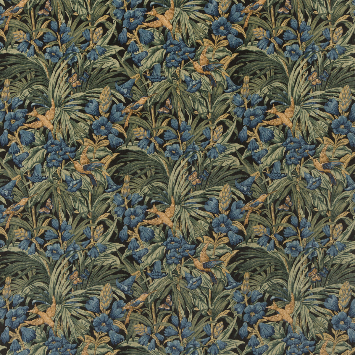G P & J BAKER BP10623.1.0 TRUMPET FLOWERS VELVET DARK INDIGO/TEAL Fabric - Eade's Wallpaper