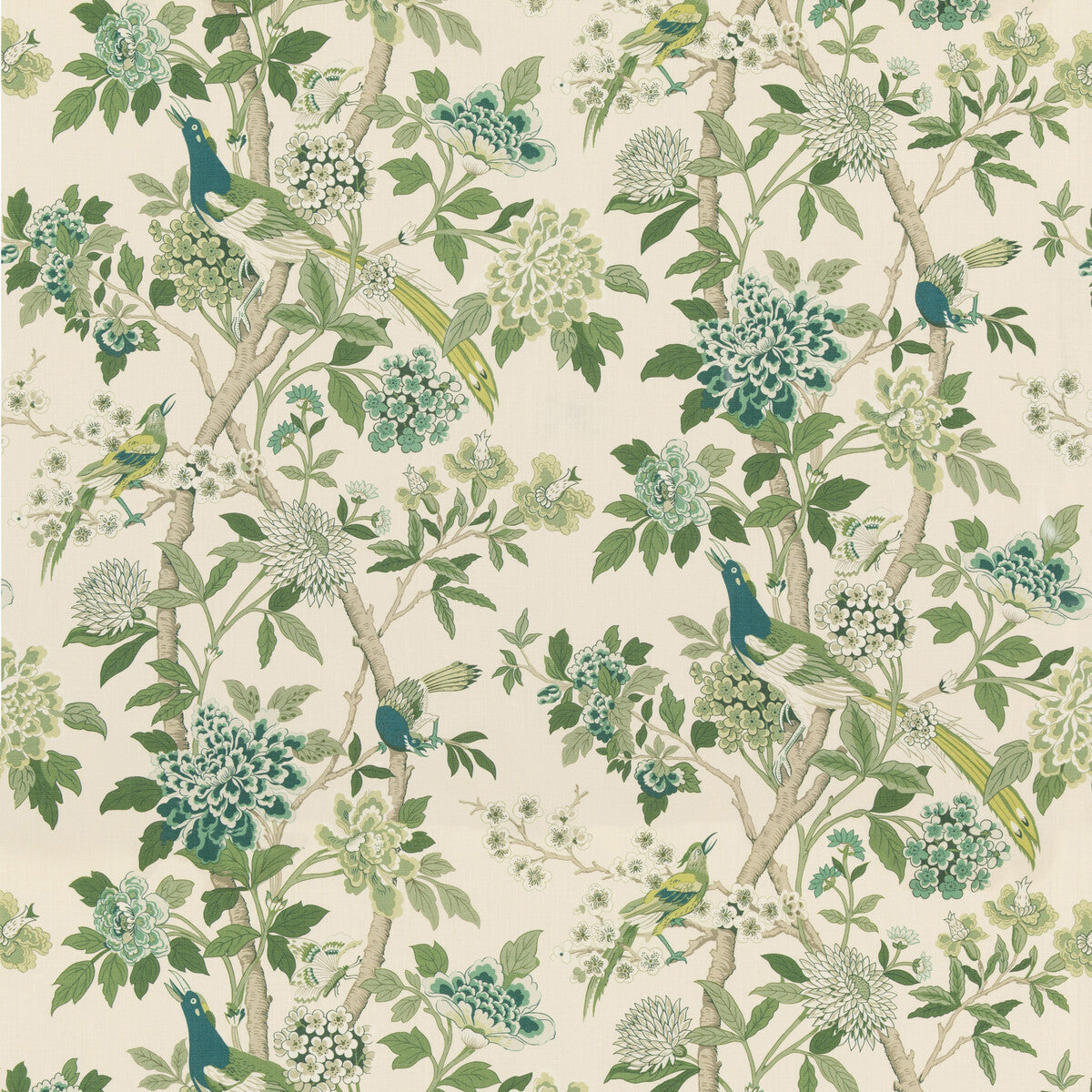 G P & J BAKER BP10851.2.0 HYDRANGEA BIRD (ARCHIVE) GREEN Fabric - Eade's Wallpaper