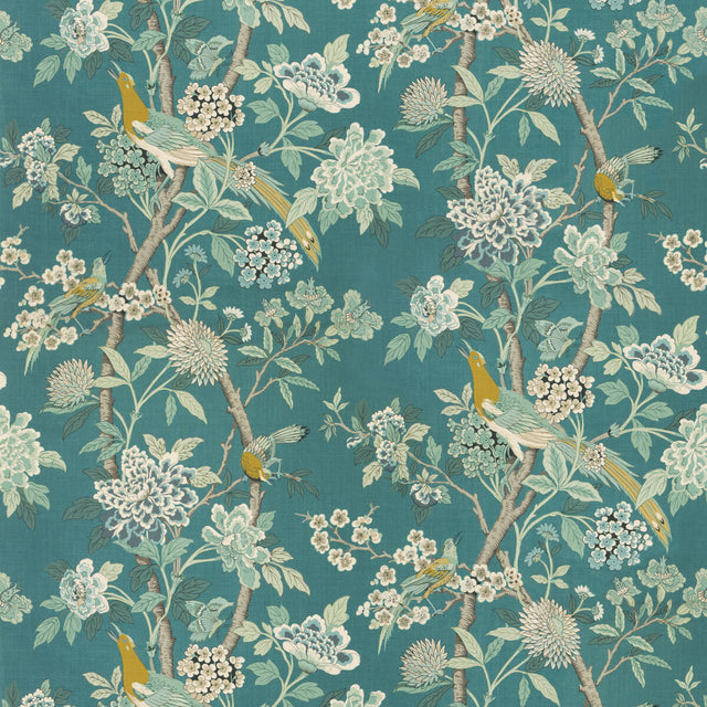 G P & J BAKER BP10851.5.0 HYDRANGEA BIRD (ARCHIVE) TEAL Fabric - Eade's Wallpaper