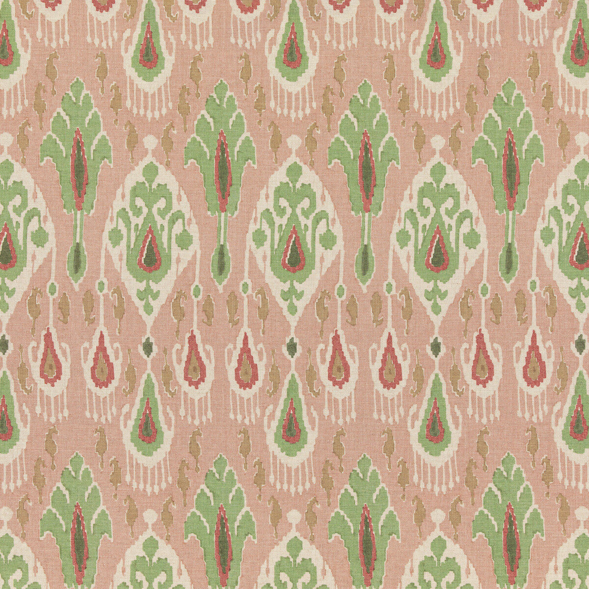 G P & J BAKER BP10853.4.0 IKAT BOKHARA ROSE/GREEN Fabric - Eade's Wallpaper