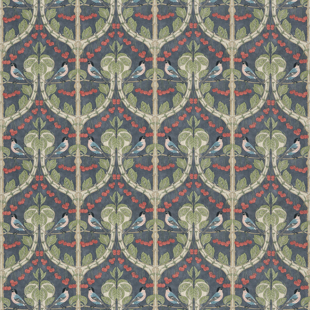 G P & J BAKER BP10967.2.0 BIRDS & CHERRIES COTTON INDIGO Fabric - Eade's Wallpaper