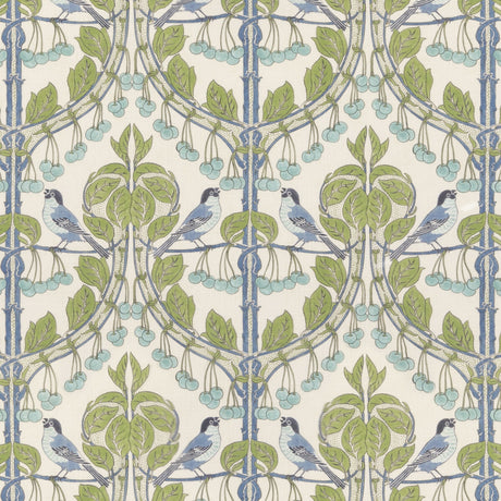 G P & J BAKER BP10993.1.0 BIRDS & CHERRIES GREEN/BLUE Fabric - Eade's Wallpaper