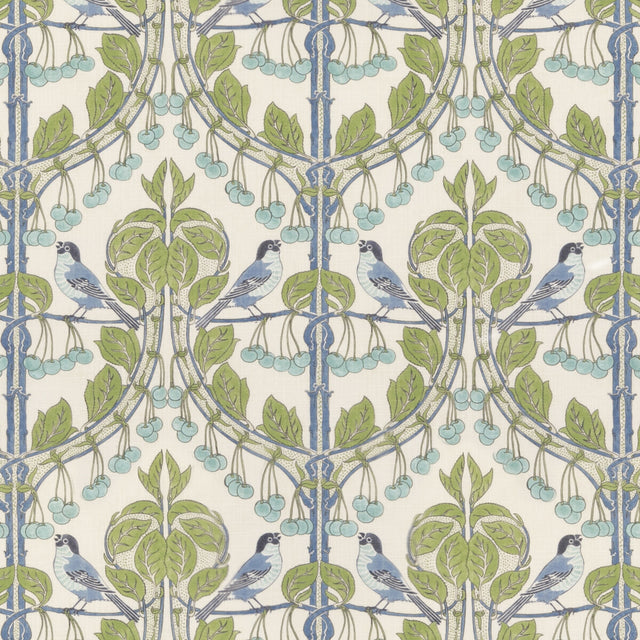 G P & J BAKER BP10993.1.0 BIRDS & CHERRIES GREEN/BLUE Fabric - Eade's Wallpaper