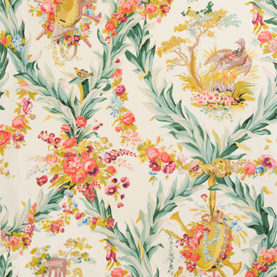BRUNSCHWIG & FILS BR-70348.0.0 FONTAINEBLEAU GLAZED CHINTZ RED GREEN AND GOLD ON CREAM Fabric - Eade's Wallpaper