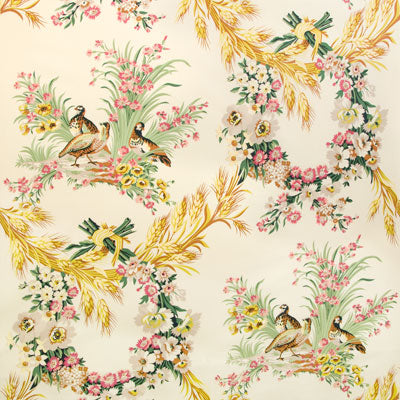 BRUNSCHWIG & FILS BR-70353.0.0 LES PERDRIX GLAZED CHINTZ RED BLUE-GREEN CREAM Fabric - Eade's Wallpaper