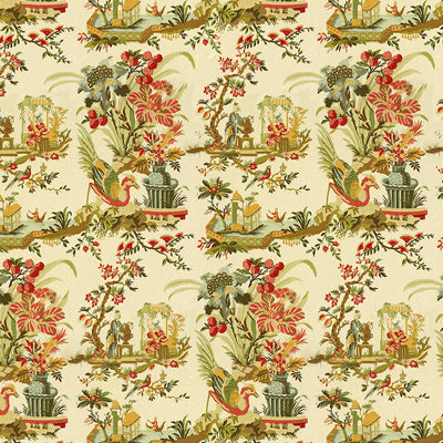 BRUNSCHWIG & FILS BR-71163.A.0 LE LAC LINEN PRINT TEAL AND MELON ON CREAM Fabric - Eade's Wallpaper