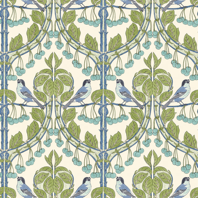 G P & J BAKER BW45100.2.0 BIRDS & CHERRIES GREEN/BLUE Wallpaper - Eade's Wallpaper
