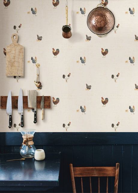 Chesapeake CTR64212 Lisle Cream Roosters & Script Wallpaper