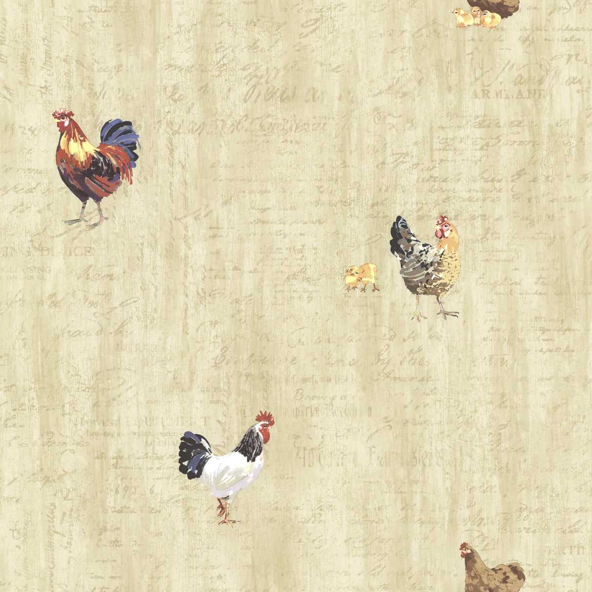 Chesapeake CTR64213 Lisle Wheat Roosters & Script Wallpaper
