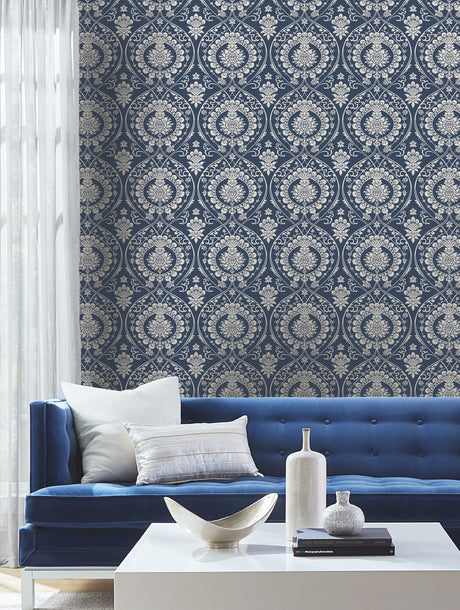 York DM4901 Imperial Damask Navy & Silver Wallpaper