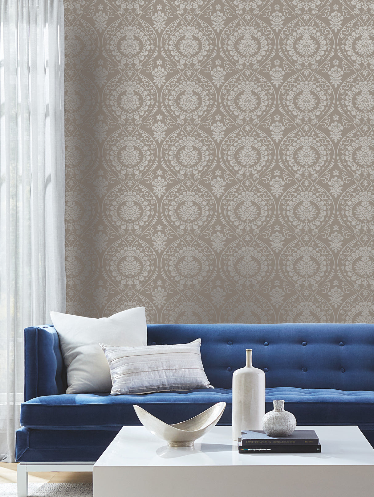 York DM4902 Imperial Damask Beige & Silver Wallpaper