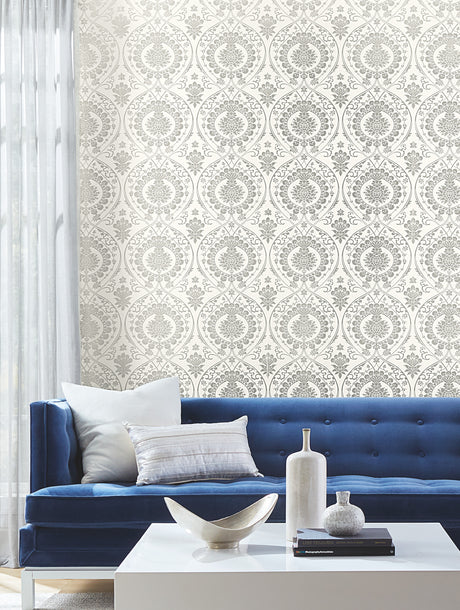 York DM4905 Imperial Damask White & Silver Wallpaper