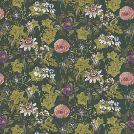 CLARKE AND CLARKE F1304/07.CAC.0 PASSIFLORA EMERALD VELVET Fabric - Eade's Wallpaper