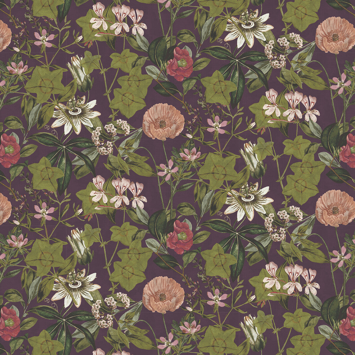 CLARKE AND CLARKE F1304/08.CAC.0 PASSIFLORA MULBERRY VELVET Fabric - Eade's Wallpaper