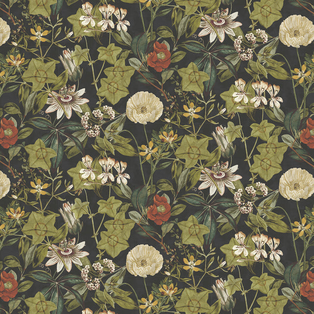 CLARKE AND CLARKE F1304/09.CAC.0 PASSIFLORA NOIR VELVET Fabric - Eade's Wallpaper