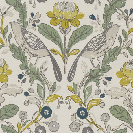 CLARKE AND CLARKE F1316/02.CAC.0 ORCHARD BIRDS BIRDS FOREST/CHARTREUSE Fabric - Eade's Wallpaper