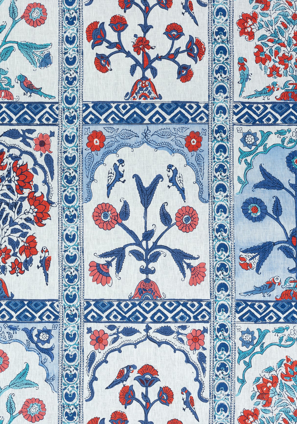Thibaut F910631 INDIAN PANEL Coral and Blue Fabric