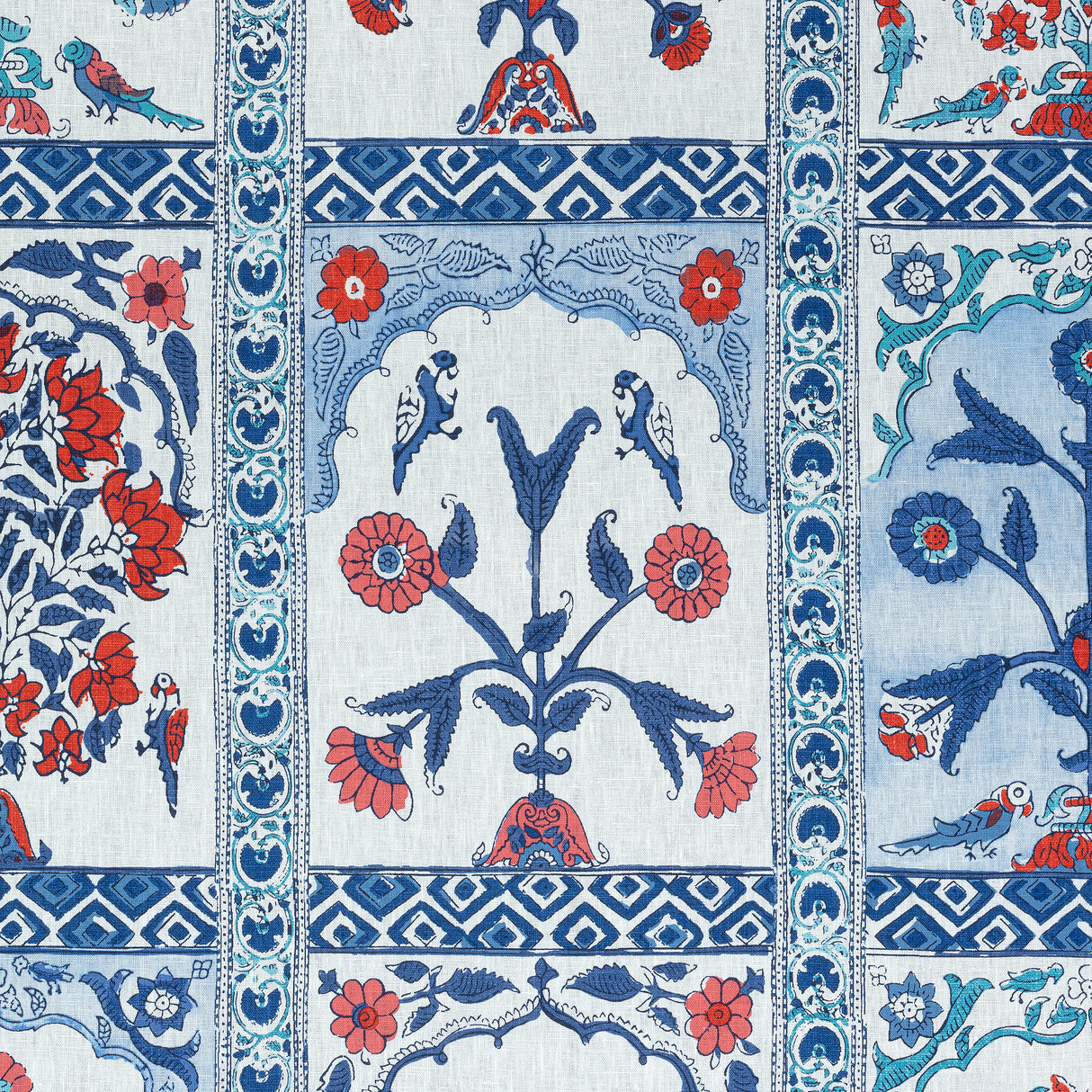 Thibaut F910631 INDIAN PANEL Coral and Blue Fabric