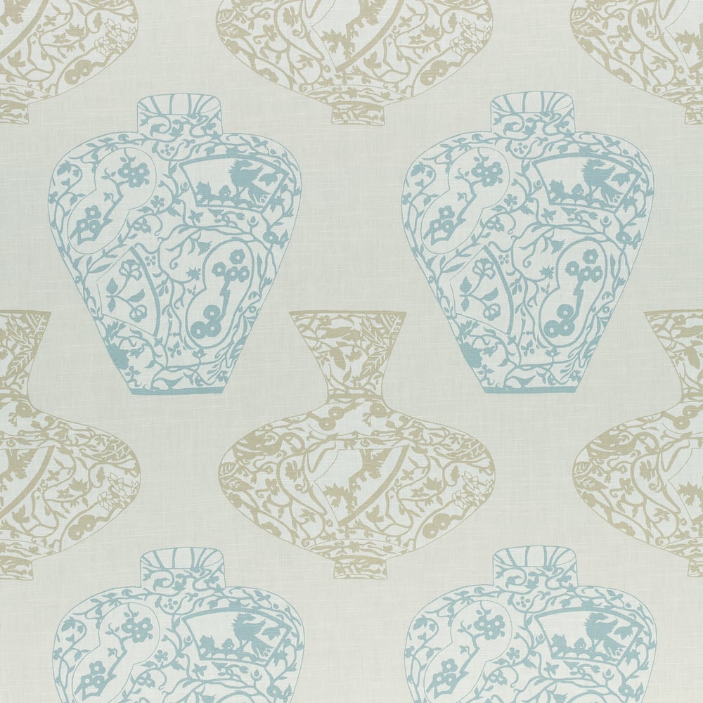 Thibaut F913122 IMARI VASE Aqua and Beige Fabric
