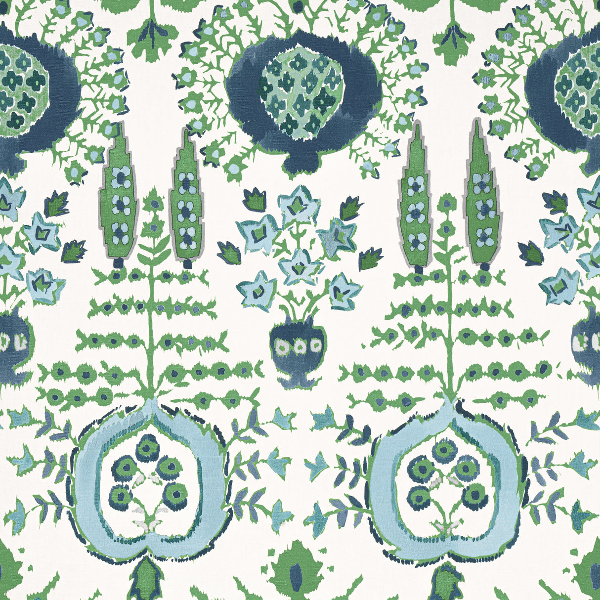 Thibaut F916240 MENDOZA SUZANI Blue and Green on White Fabric