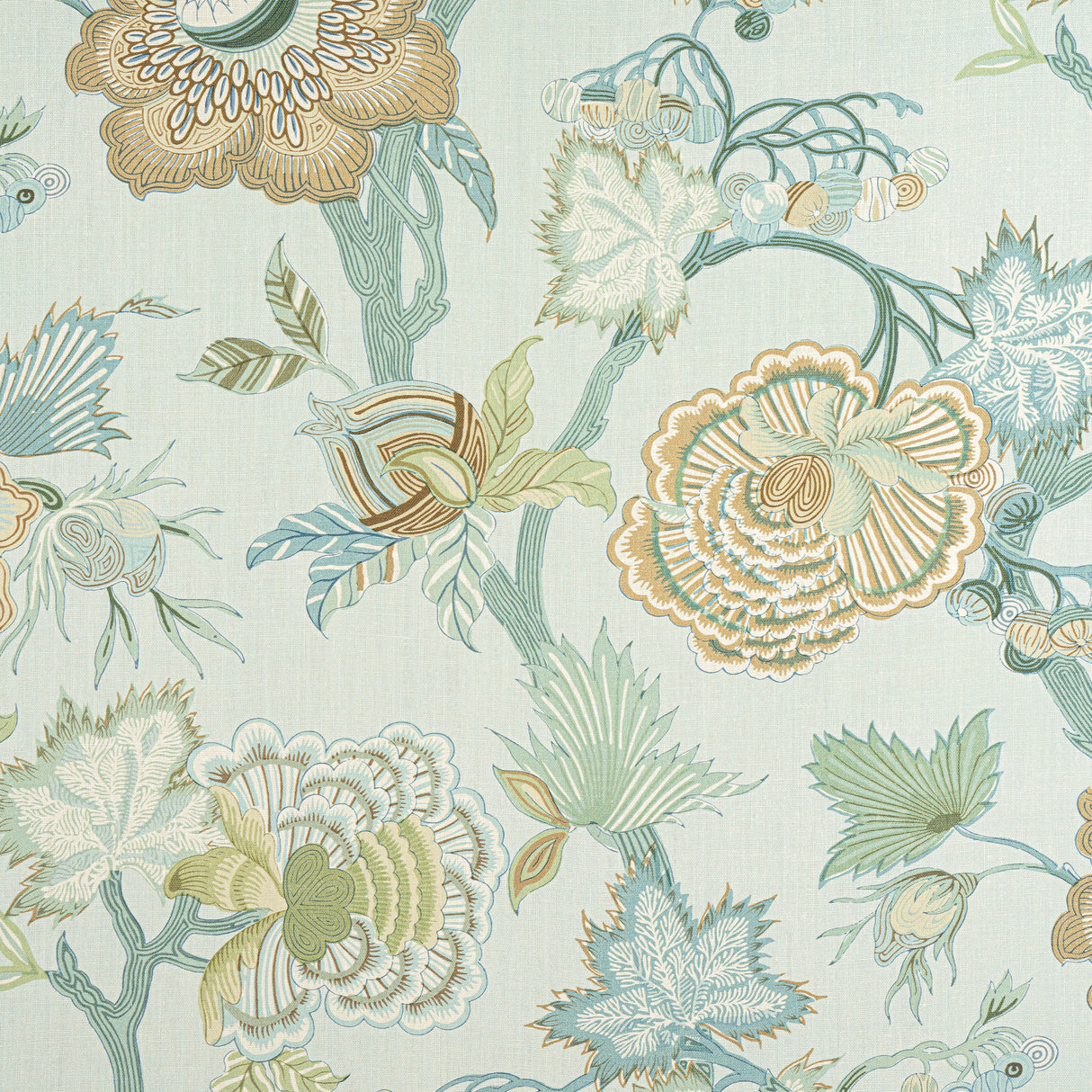 Thibaut F936417 INDIENNE JACOBEAN Seaglass and Gold Fabric