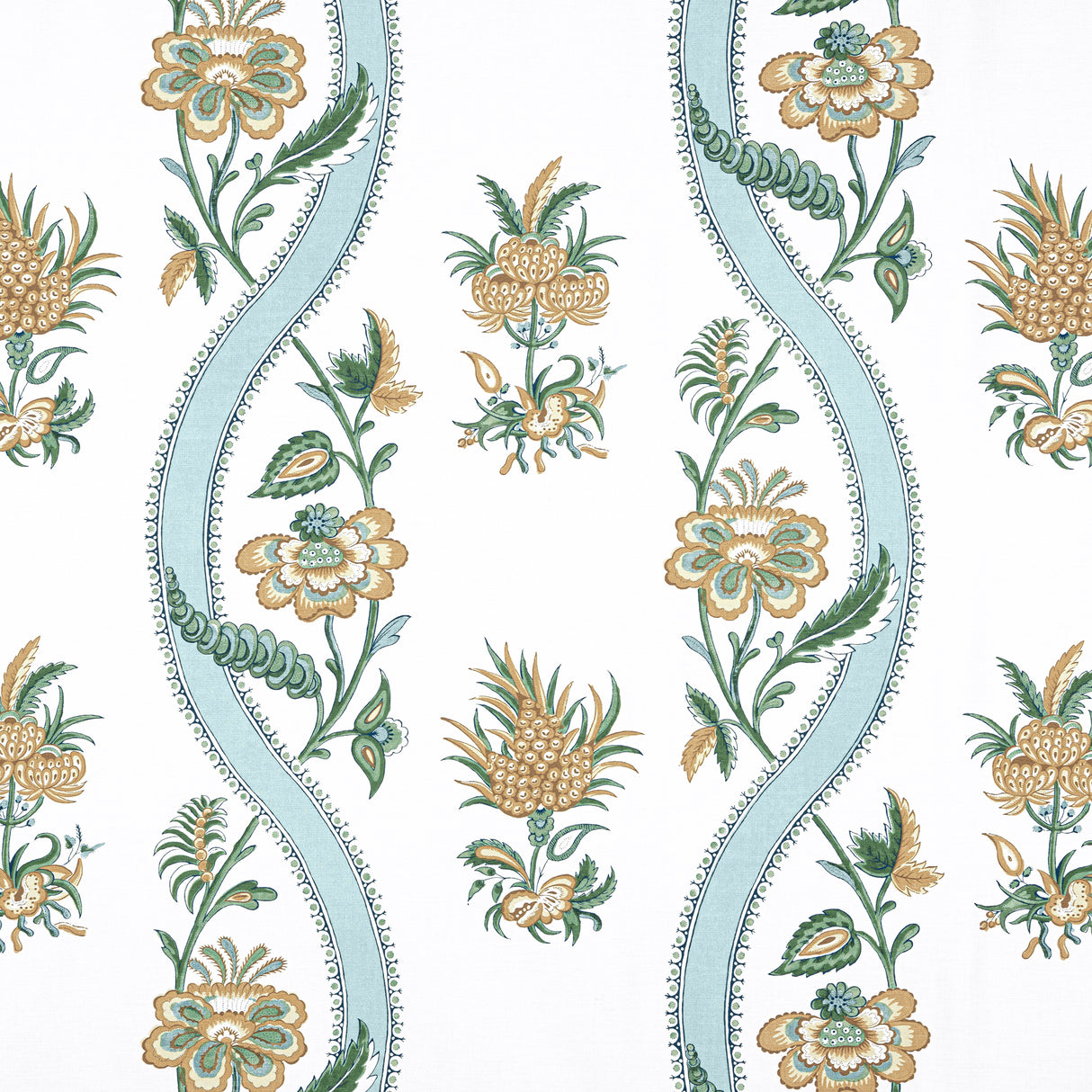 Thibaut F936422 RIBBON FLORAL Seaglass and Gold Fabric