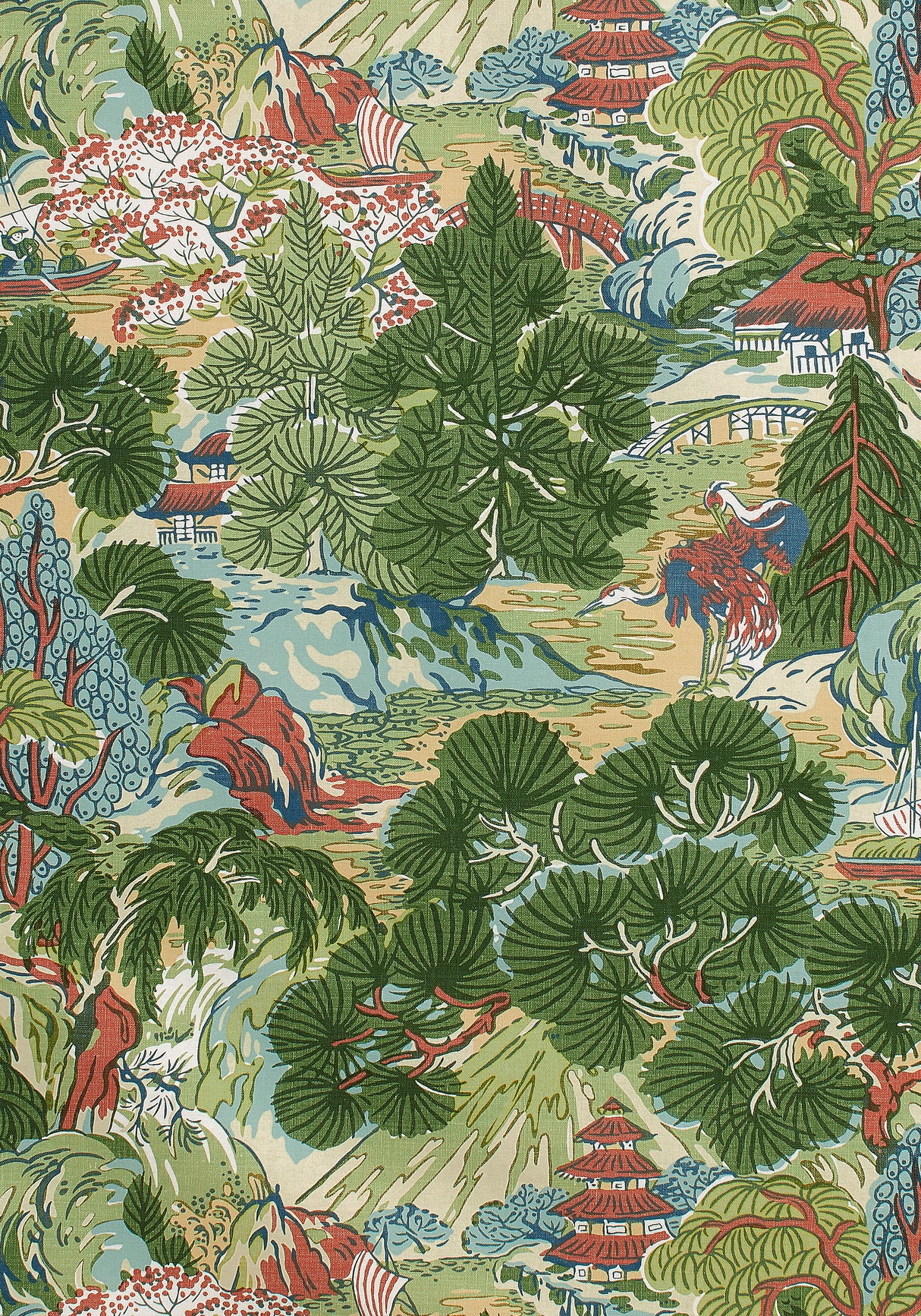 Thibaut F942022 PAGODA TREES Coral and Green Fabric