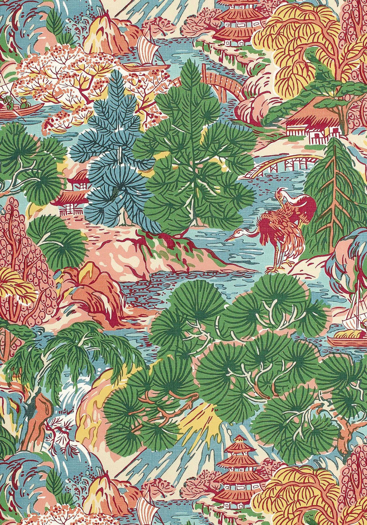 Thibaut F942026 PAGODA TREES Pink and Green Fabric