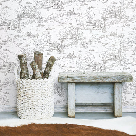 York FH4031 Pasture Toile Black & White Wallpaper