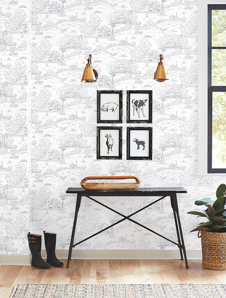 York FH4032 Pasture Toile Navy & White Wallpaper