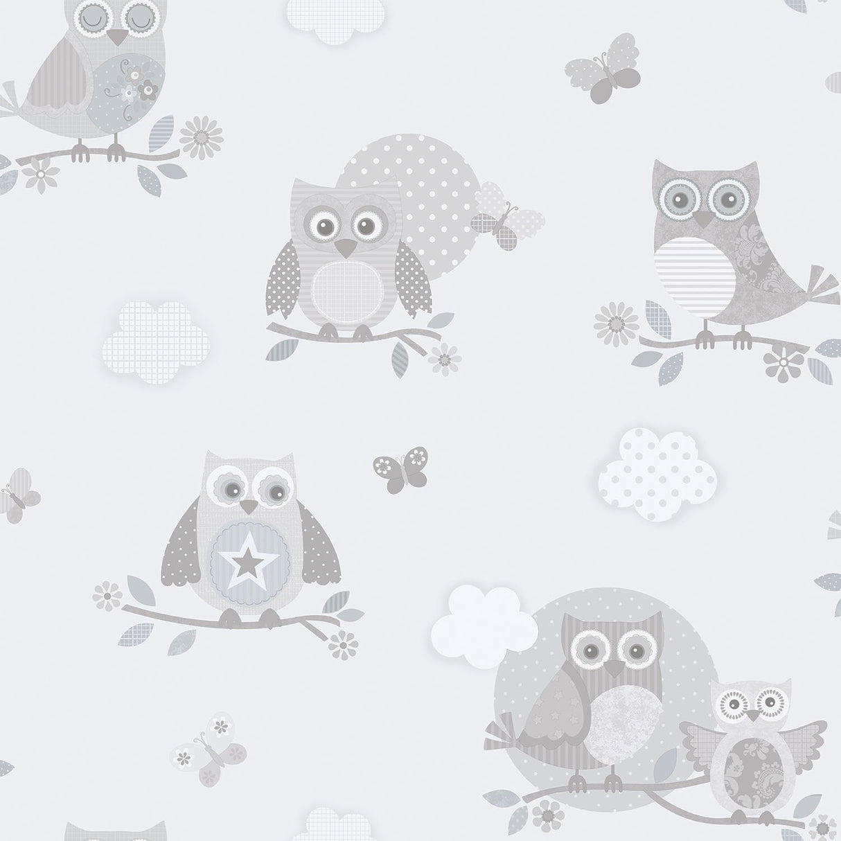 Galerie G56503 Silver Grey Owls and Butterflies - Eade's Wallpaper