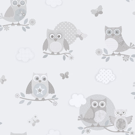 Galerie G56503 Silver Grey Owls and Butterflies - Eade's Wallpaper