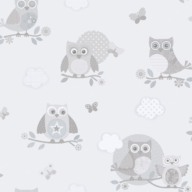 Galerie G56503 Silver Grey Owls and Butterflies - Eade's Wallpaper