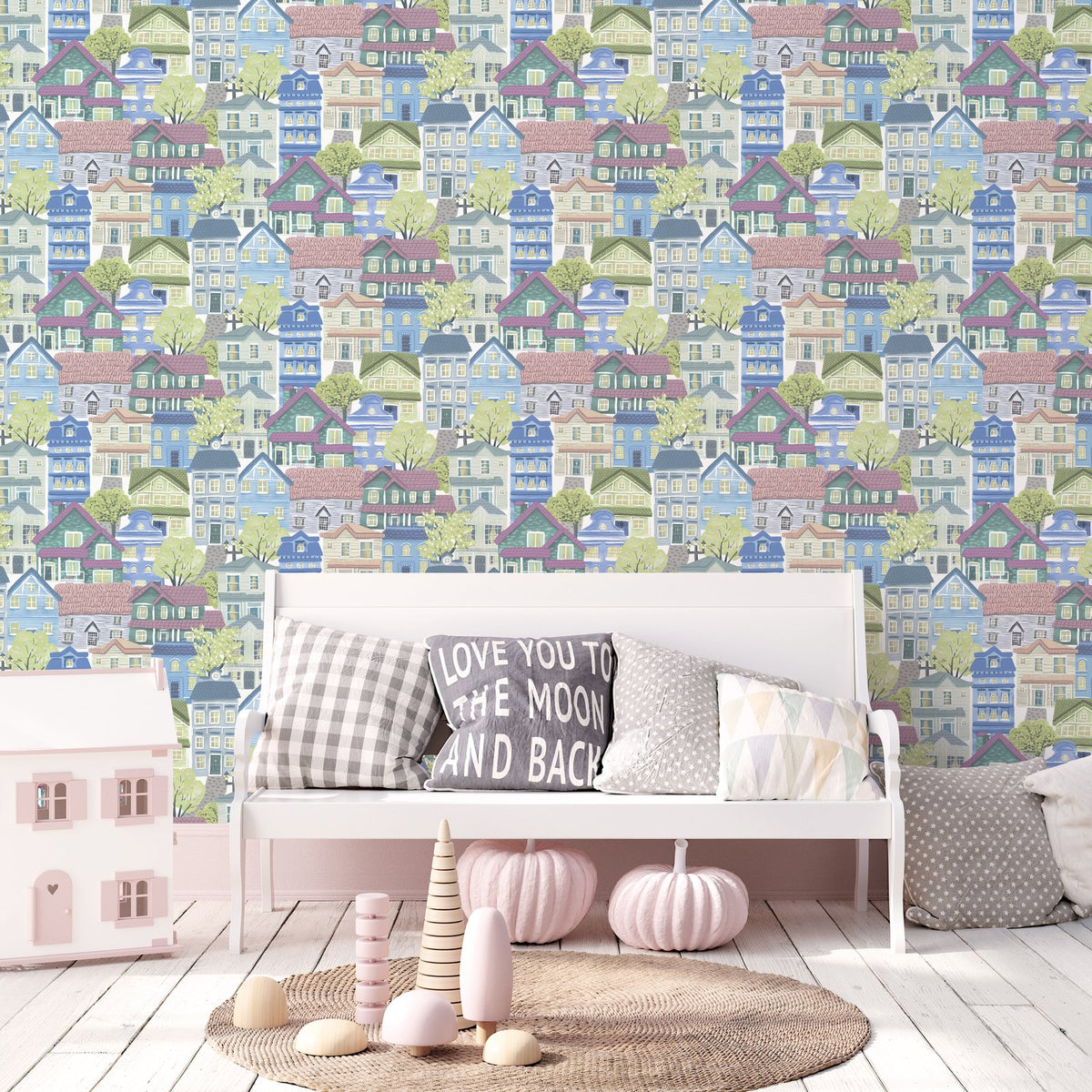 Galerie Kids and Teens Whimsical Houses Blue Wallpaper G7860