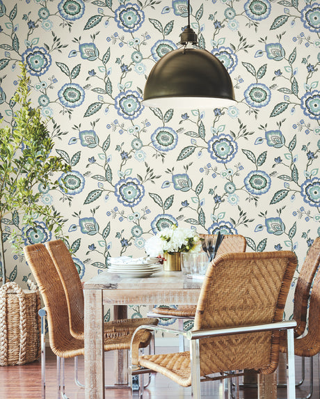 York GO8231 Dahlia Blooms Blue & White Wallpaper
