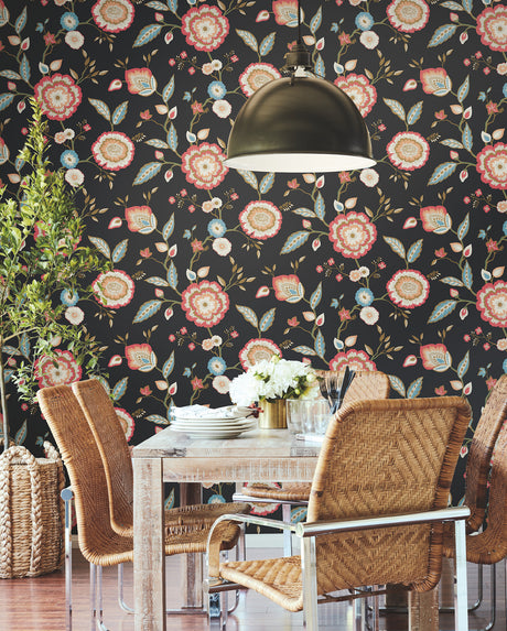 York GO8232 Dahlia Blooms Black & Pink Metallic Wallpaper