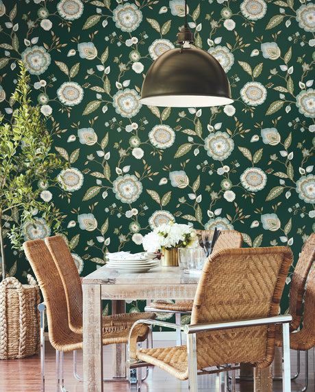 York GO8236 Dahlia Blooms Green & Blue Metallic Wallpaper