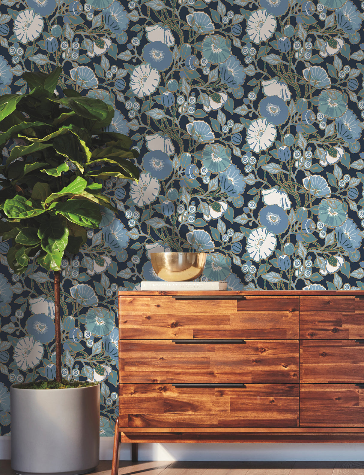 York GO8312 Poppies Black & Blue Metallic Wallpaper