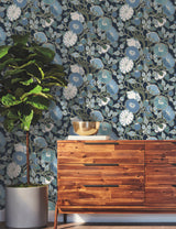 York GO8312 Poppies Black & Blue Metallic Wallpaper