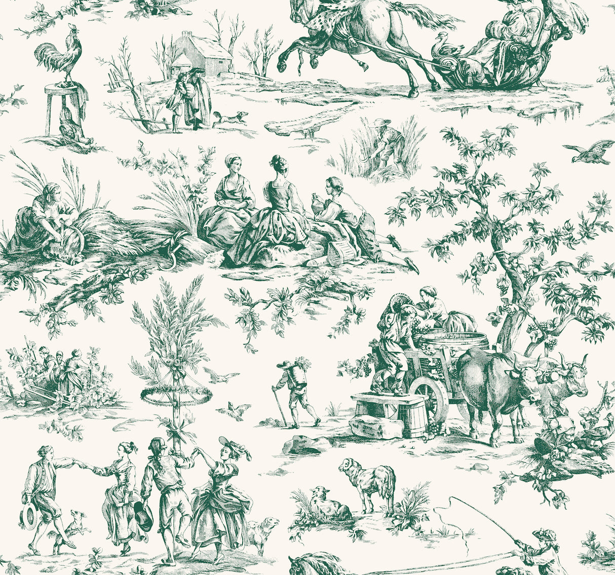 York GR5924 Seasons Toile Dark Green Wallpaper