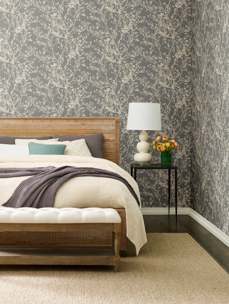 York HC7518 Budding Branch Silhouette Brown Wallpaper