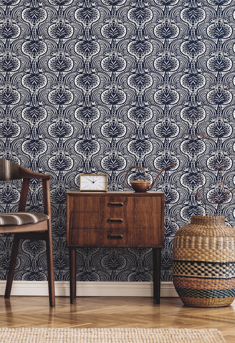 York HO2153 Lotus Palm Navy Wallpaper
