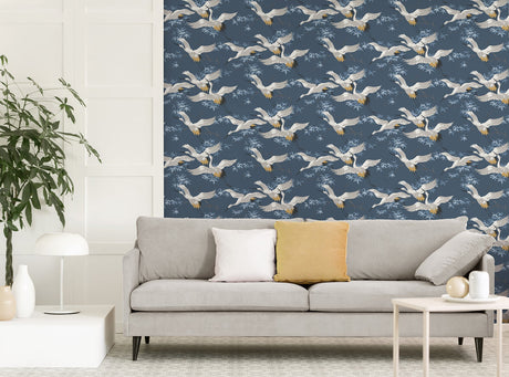 Fine Decor M1654 Saura Blue Cranes Wallpaper