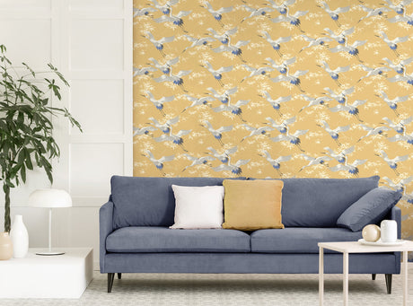 Fine Decor M1655 Saura Yellow Cranes Wallpaper