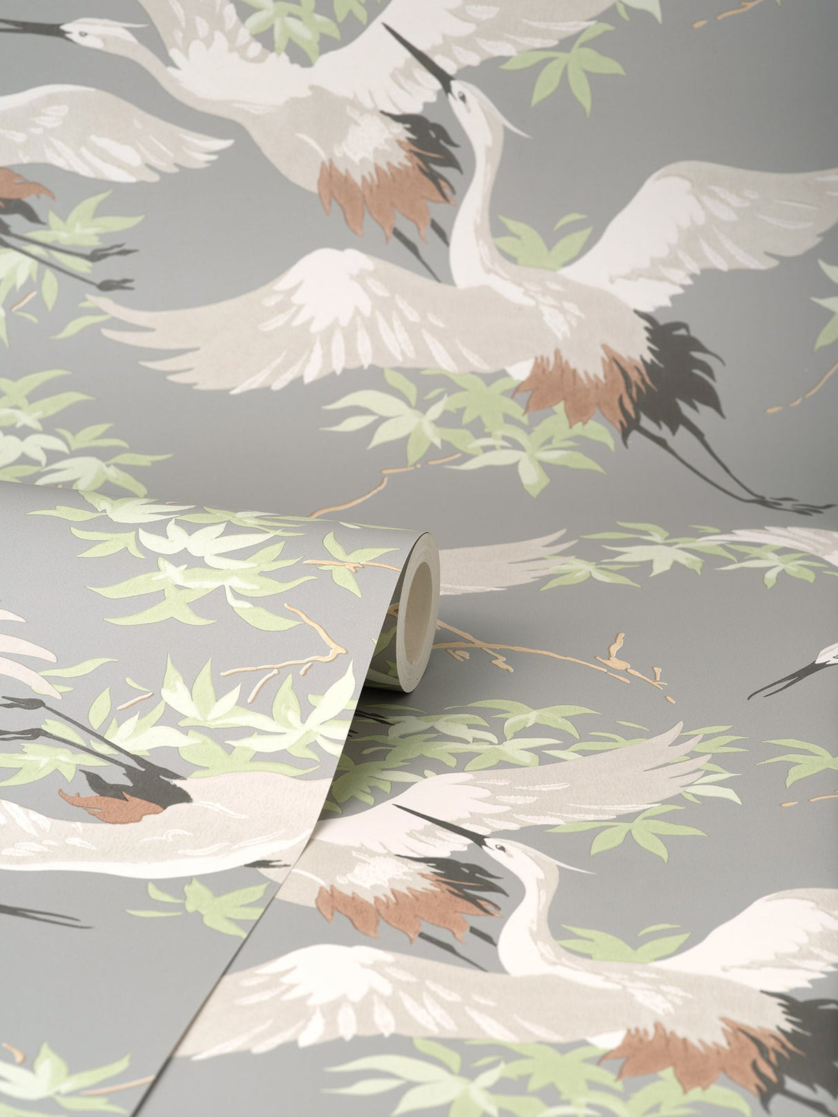 Fine Decor M1657 Saura Light Grey Cranes Wallpaper