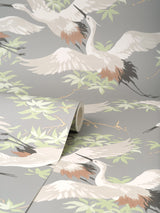 Fine Decor M1657 Saura Light Grey Cranes Wallpaper