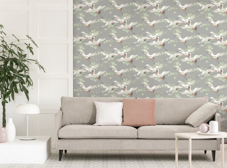 Fine Decor M1657 Saura Light Grey Cranes Wallpaper